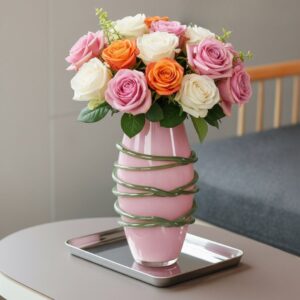 Azure Crest Vase - Luxurious gold-accented pink handmade glass vase for glamorous home decor.
