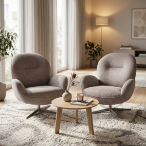 Two grey Estelle armchairs flank a small wooden table in a bright, modern living room.